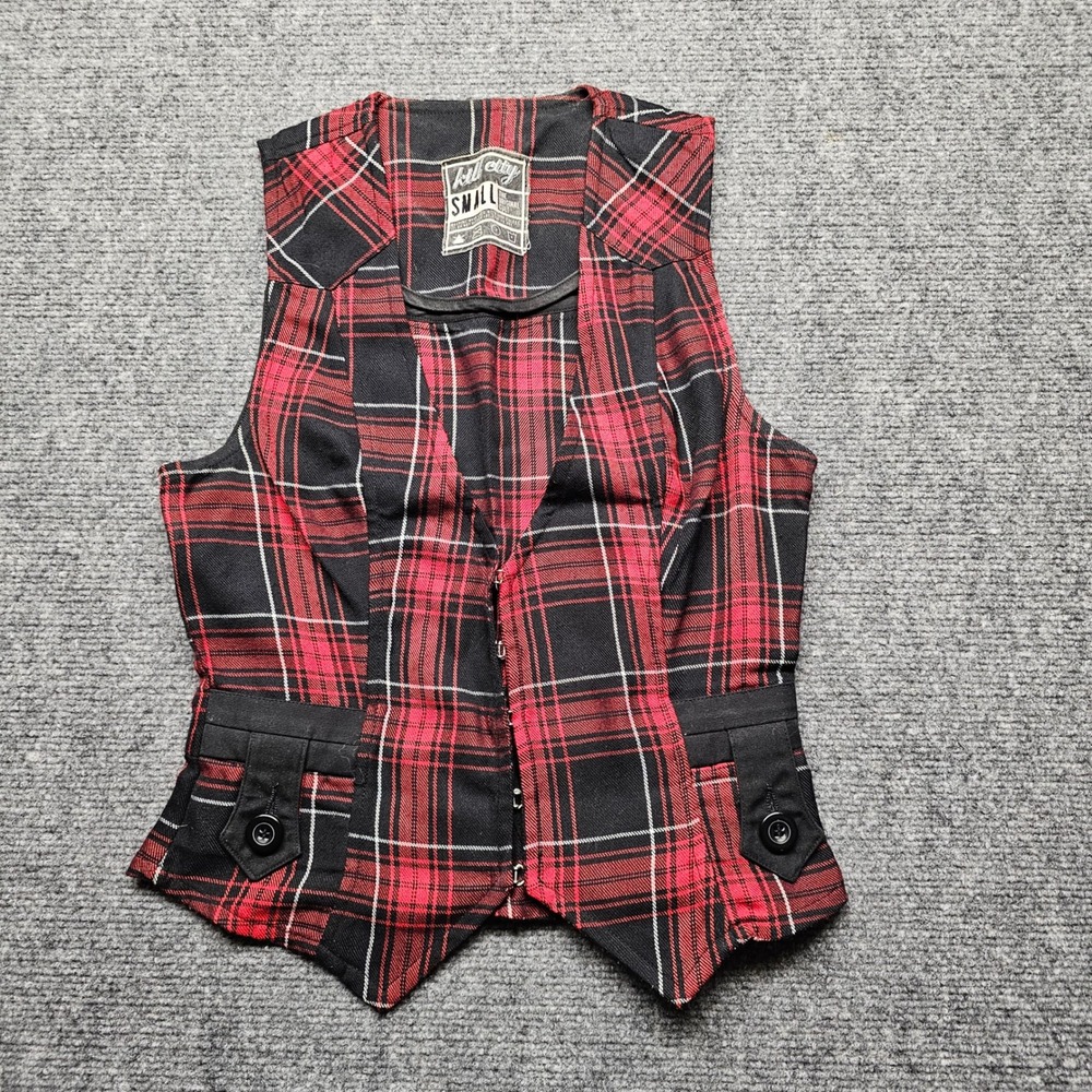 Kill City Red Black Plaid Hook Eye Vest Small 46-453 Punk Grunge Alternative